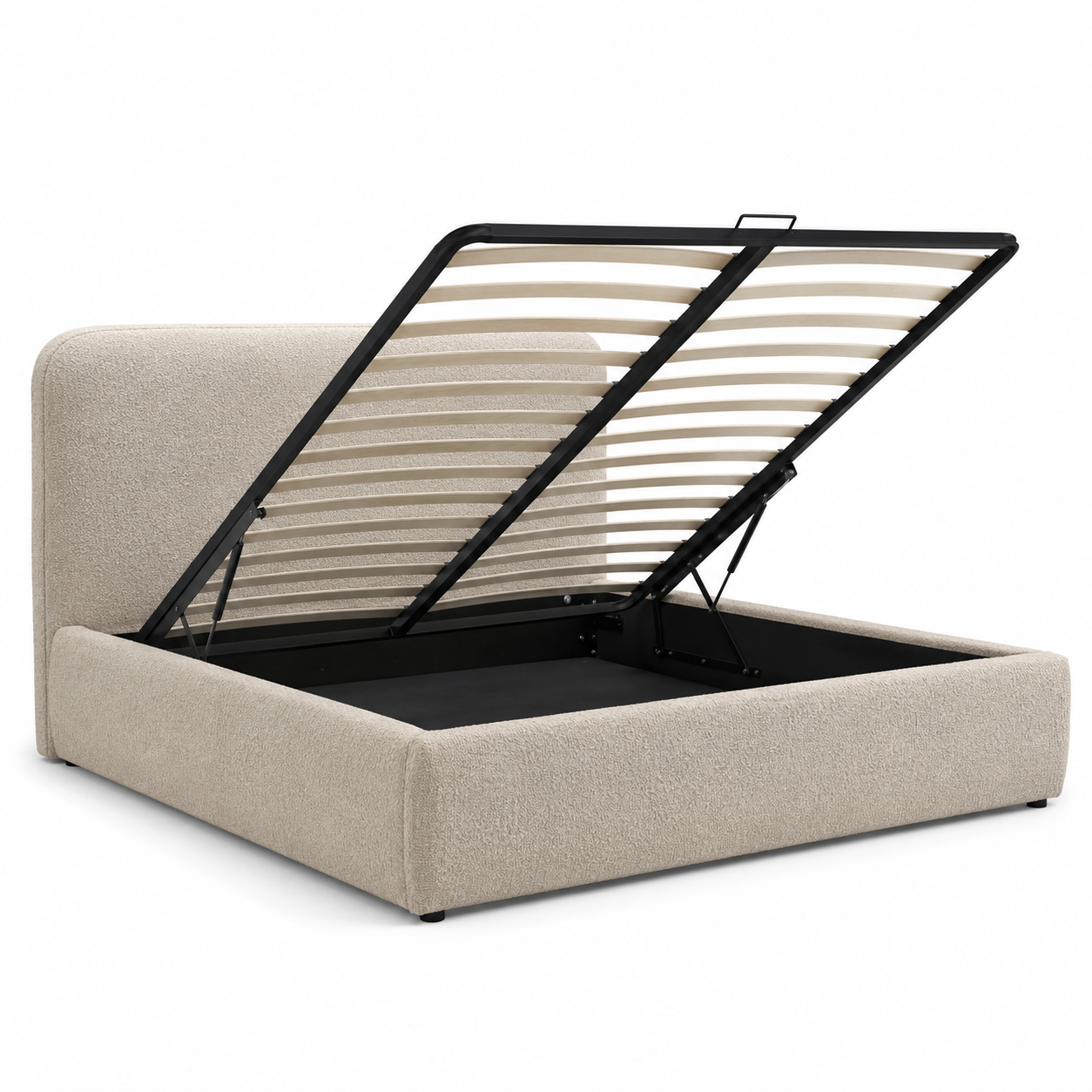Lit coffre contemporain en bouclé beige avec rangement 160x200 cm