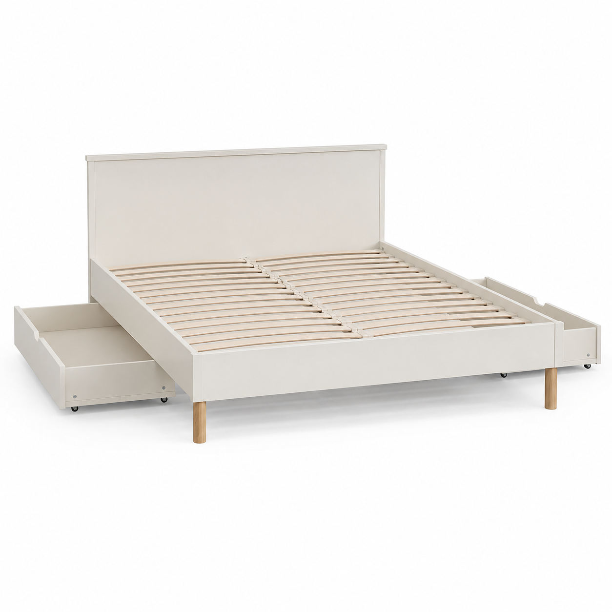 Lit à panneaux scandinave blanc cassé avec 2 tiroirs 140x200 cm