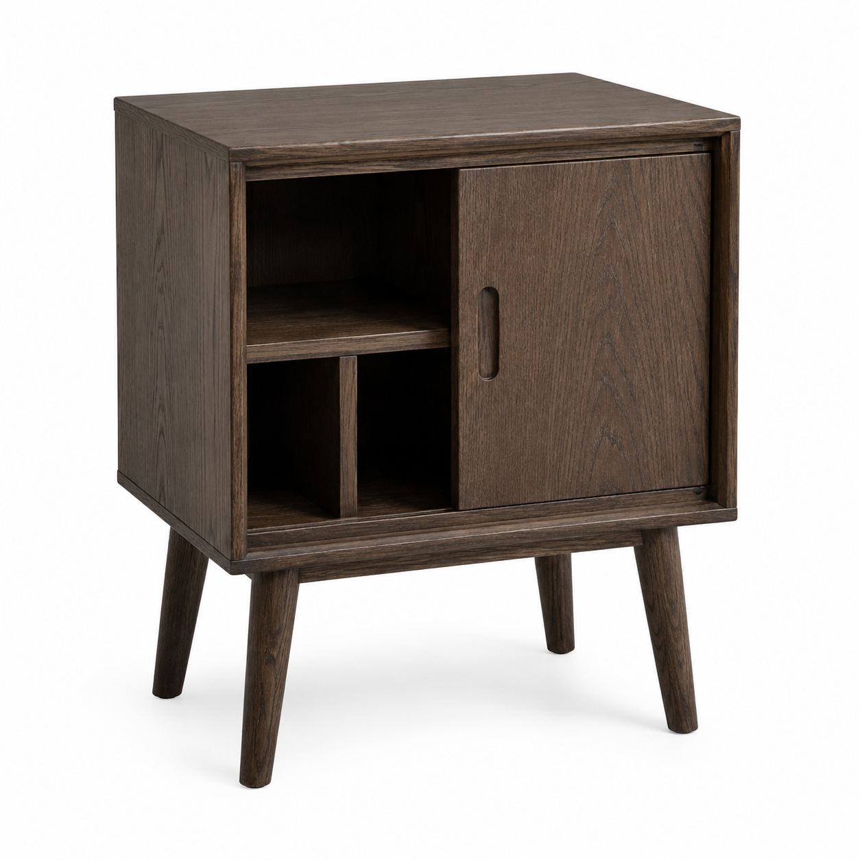 Table de chevet en chêne fumé avec porte coulissante 50x38x58 cm