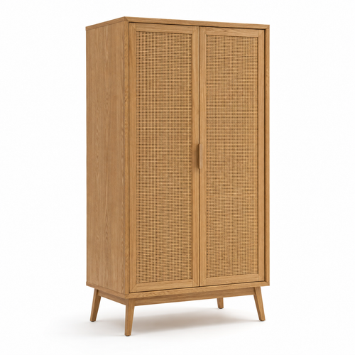 Armoire-penderie en rotin et chêne 2 portes 100x55x190 cm