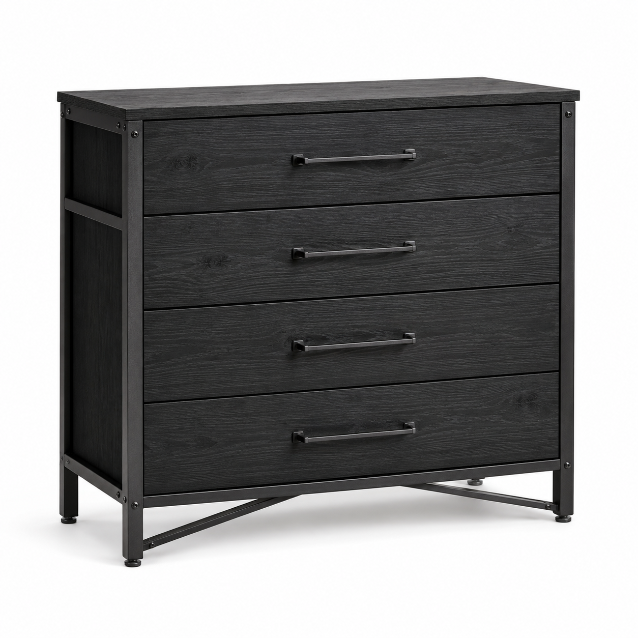 Commode industrielle en bois noir et métal 4 tiroirs 110x45x90 cm