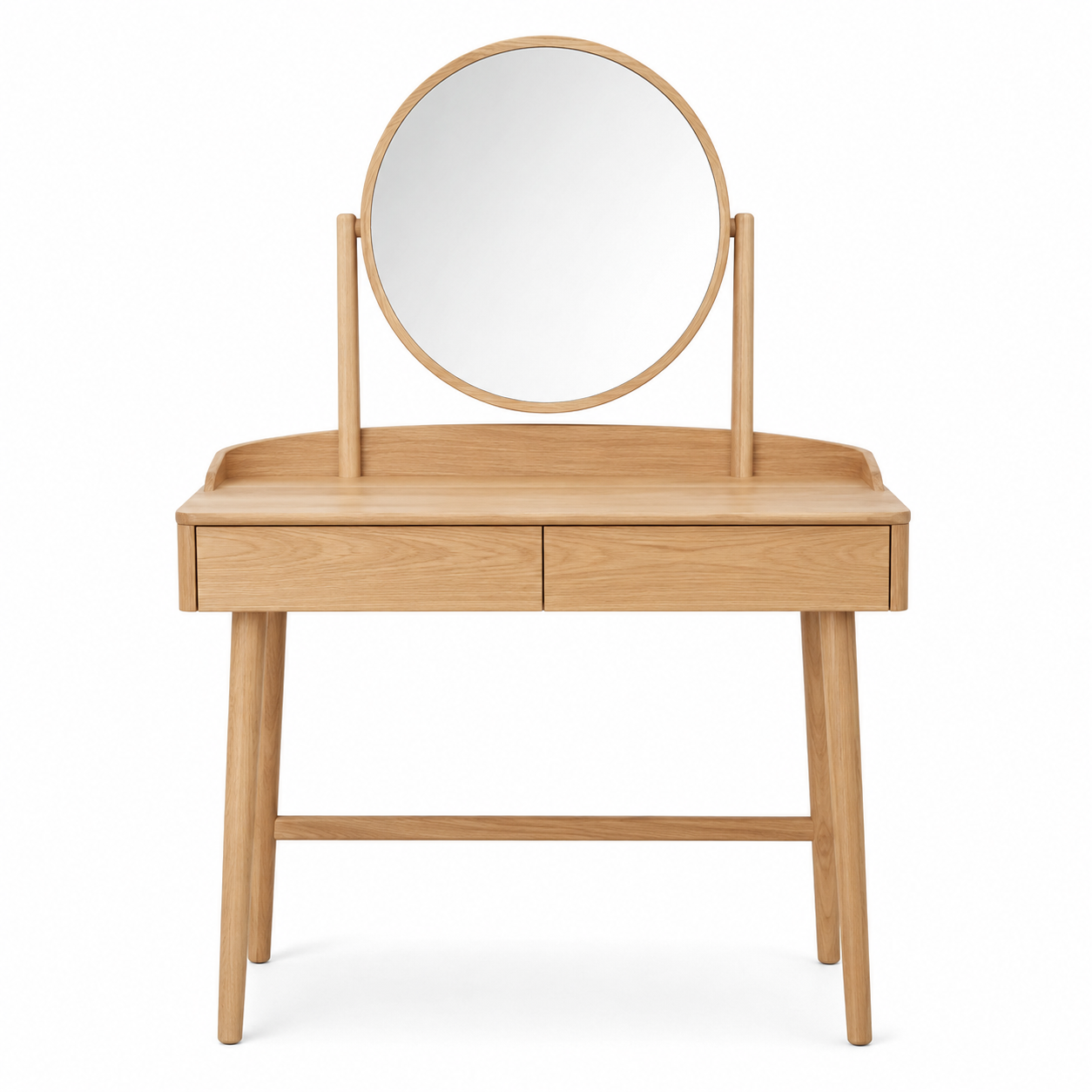 Coiffeuse Japandi en chêne clair avec miroir rond 100x45x140 cm