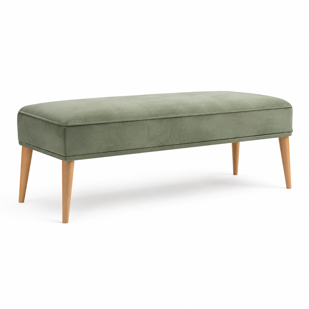Banc de bout de lit en velours vert sauge avec pieds en bois 110x40x45 cm