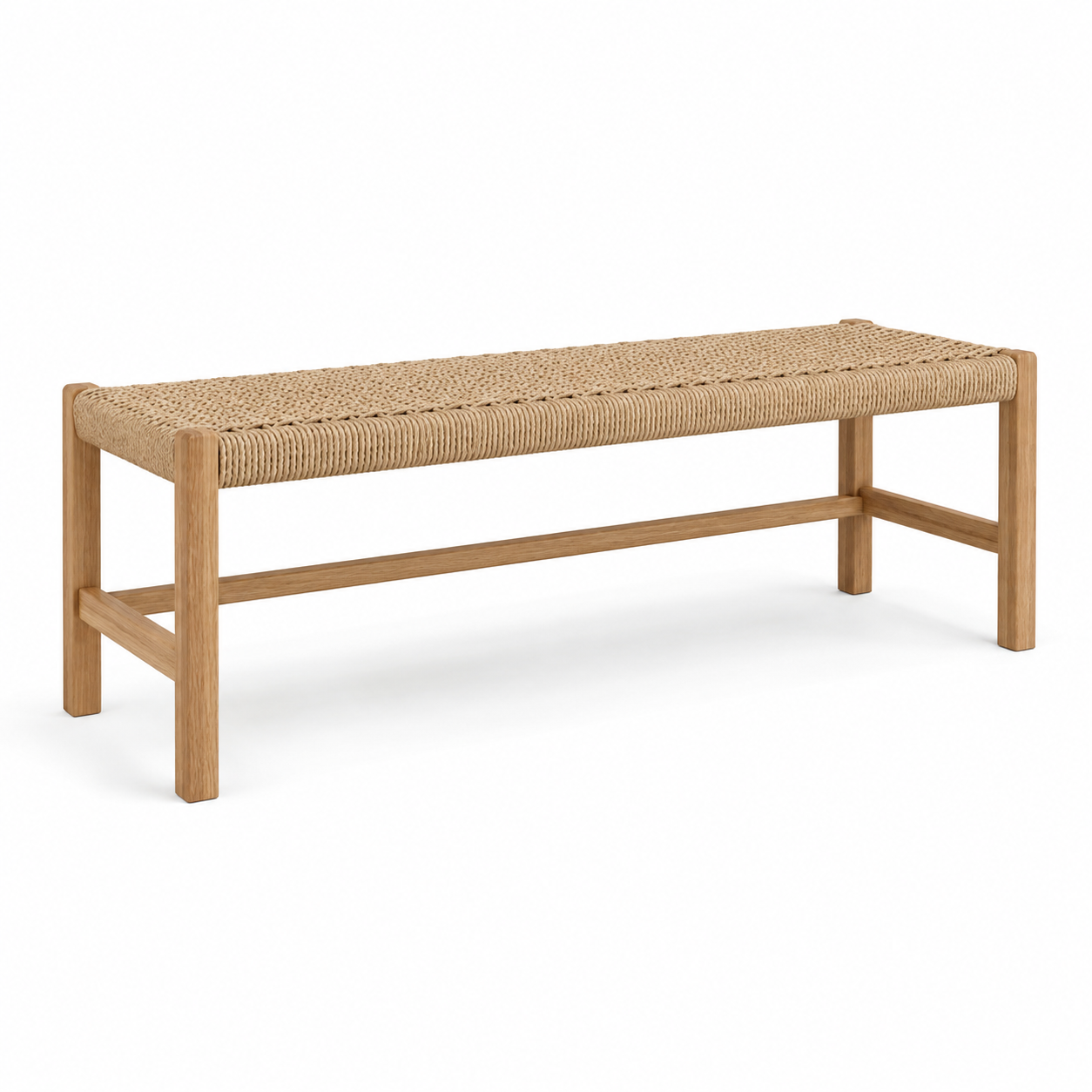 Banc Japandi en chêne clair avec assise tressée 120x38x45 cm