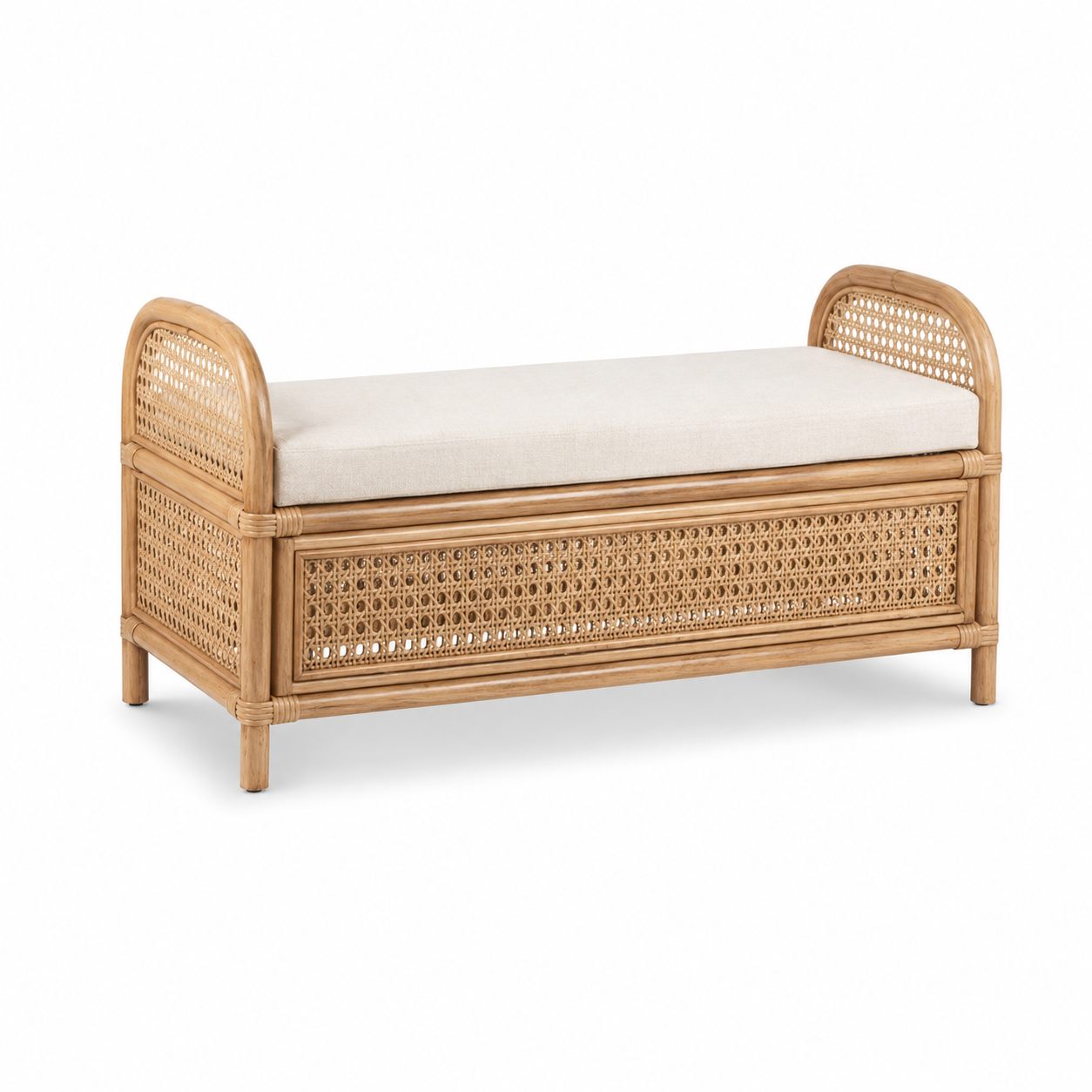 Banc en rotin naturel avec coussin écru 110x42x46 cm